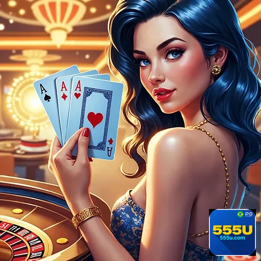 Imagem de um casino com o logo 555u, destacando jogos de azar, para o site 555u.